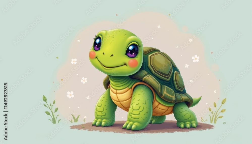 Obraz premium smiling turtle in playful pose charming character art for storybook illustrations and kids decor clean minimalist style pastel background