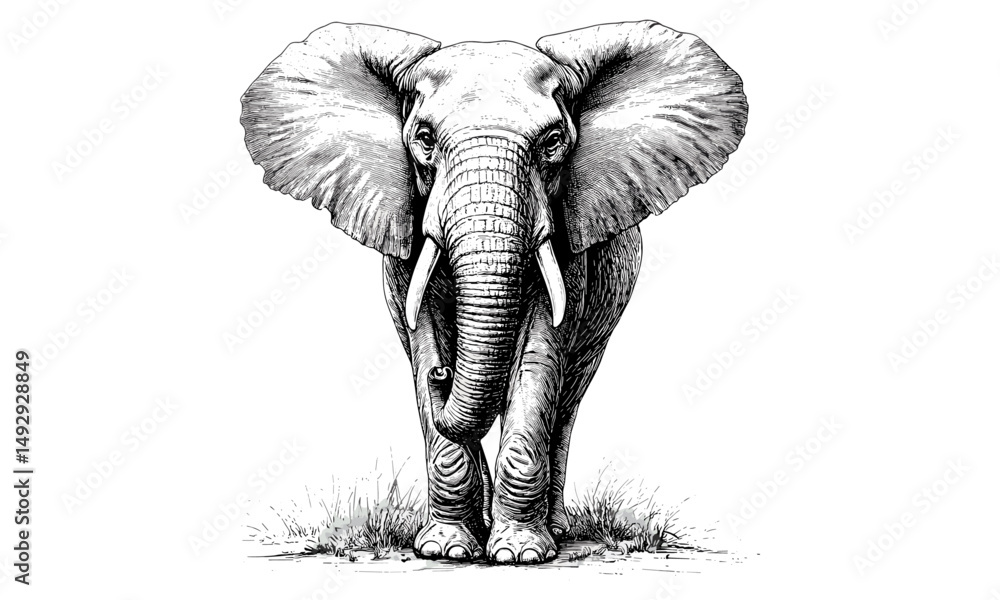 Obraz na plátně Elephant Standing Still, Hand-drawn Illustration, Old Engraving Style, Black Ske