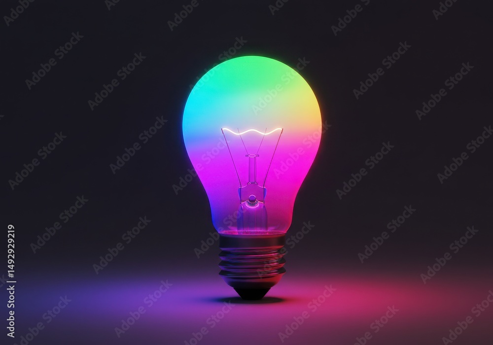 Illuminated light bulb with vibrant colors on dark background Illuminated light bulb with vibrant colors on dark background