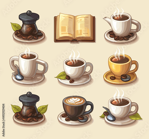Coffee Delight: Assortment of aromatic coffee cups, books and coffee bean are arranged. A visual feast of freshly brewed coffee, steam rising invitingly, creating a cozy ambiance.
