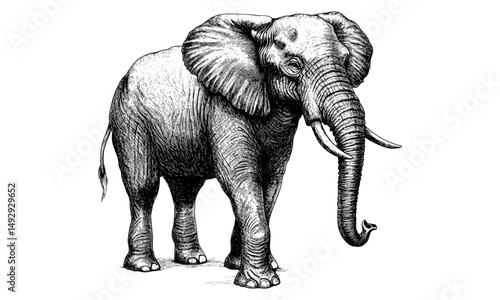 Rustic Vintage Elephant Drawing, Trunk Up, Monochrome Etching, Safari Animal Illustration, Hand-Drawn Nature Art, Black and White Engraving Style, boho decor, african wildlife print