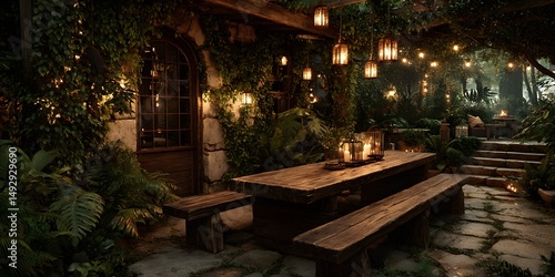 Outdoor patio dining with a long wooden table and benches under warm hanging lights  surrounded by lush greenery. The photorealistic setup radiates rustic elegance and a magical ambiance.  