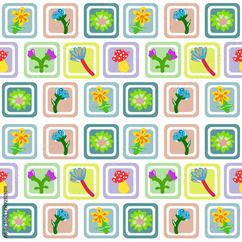 A playful seamless pattern featuring colorful flower blocks arranged in a square grid.this design brings a joyful and vetro vibe,perfect for kids.products,textiles,stationery,and digital crafts