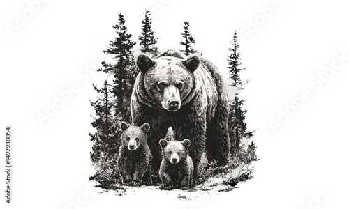Hand-drawn Bear Cubs, Engraved Forest Wildlife Art, Vintage Animal Sketch, Black Rustic Decor, Nature Illustration, Rustic Wall Art, Forest Wildlife, Detailed Nature, Trendy Vintage Engraving