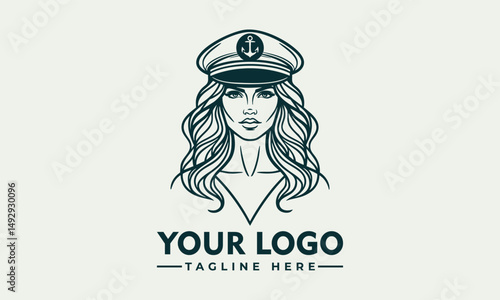 Bearded female ship captain illustrated in vintage emblem portrait with maritime uniform. Transportation concept
