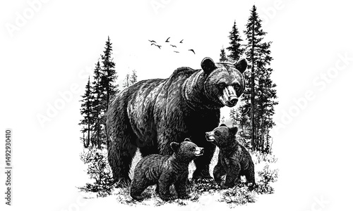 Rustic Wall Decor, Engraved Bear Cubs in Forest, Vintage Animal Illustration, Black Sketch Effect, Nature Art, Rustic Wildlife, Detailed Forest Scene, Nature Art Design, Black and White Engraving