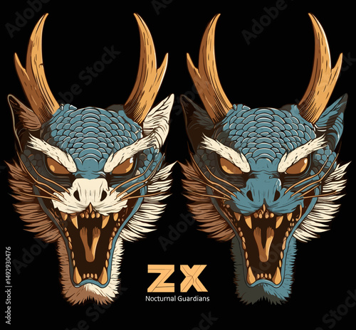 Nocturnal Guardians: A detailed illustration features two fierce dragon heads, exuding power and guardianship, with their intricate designs and commanding presence against a stark background. 