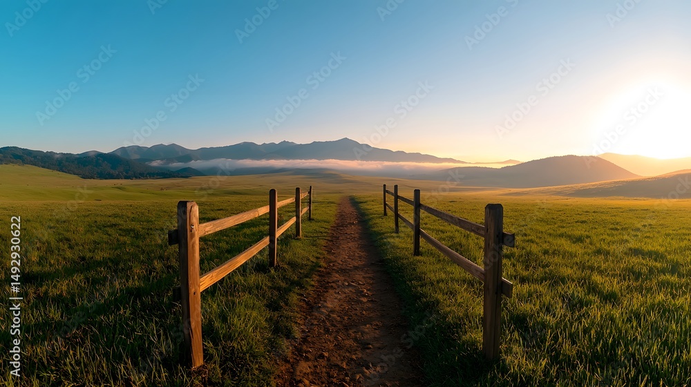 Sunrise Over Foggy Field with Wooden Fence and Path Sunrise Over Foggy Field with Wooden Fence and Path