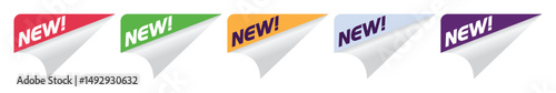 Set of folded corner NEW arrival banners. Rolled paper stickers best for promotional page corner labels