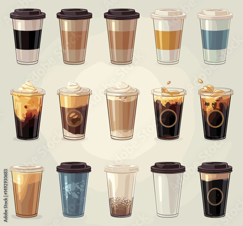 Coffee Delight: A collection of various coffee beverages. A curated selection of coffee drinks in disposable cups. An appealing array of caffeinated delights.