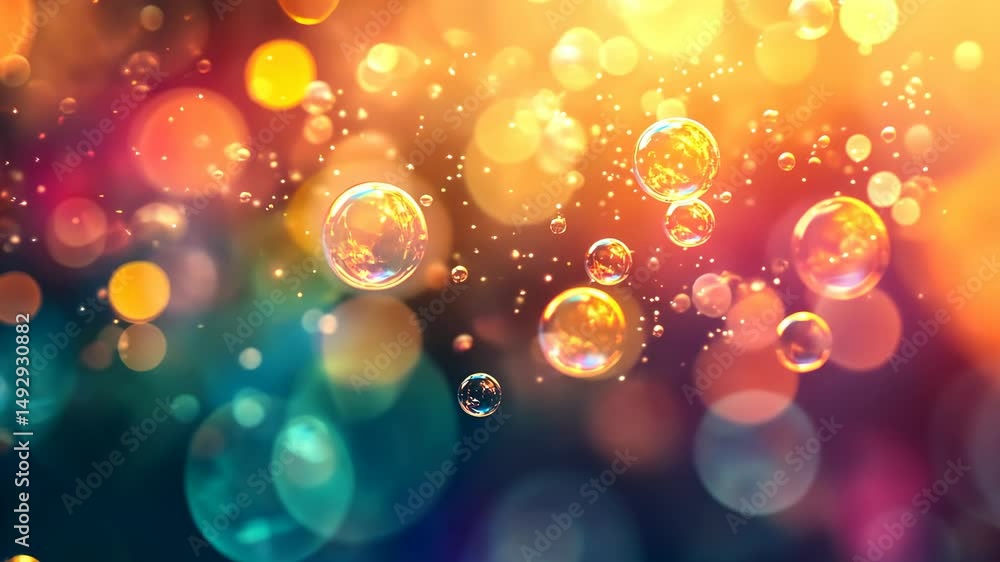 Colorful bubbles float on a vibrant, bokeh background