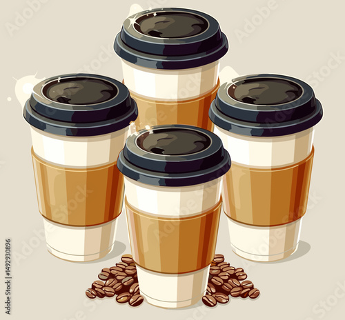 Coffee Cups Delight: A stylish artistic arrangement showcases four meticulously crafted coffee cups, each radiating a warm, inviting essence, artfully arranged with scattered coffee beans.