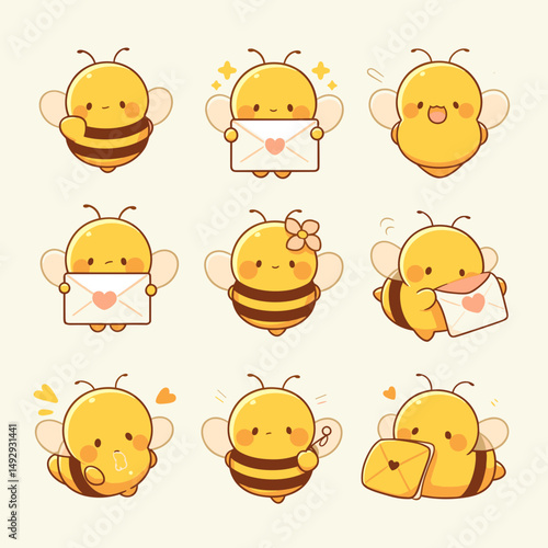 Adorable Bees Collection: A delightful set of cartoon bees expresses love and happiness. Each bee has a unique pose, conveying affection and spreading joy.