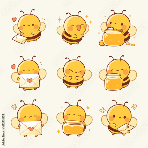 Cute Bee Illustrations: A set of adorable bee illustrations, perfect for projects. Depicting various poses and actions. Designed to capture a cute and cheerful vibe.