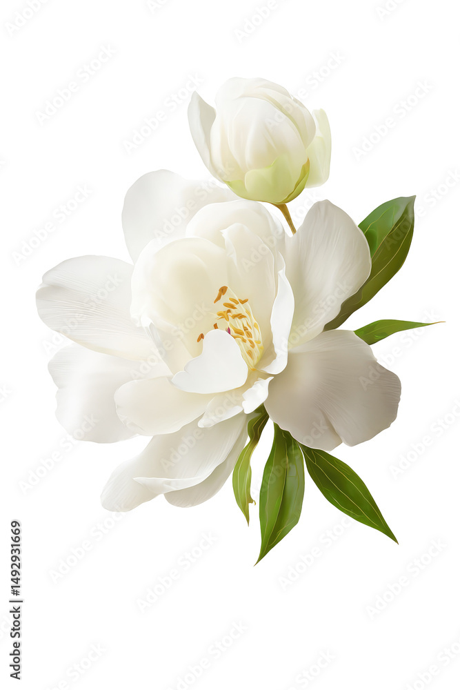Fototapeta premium A close up of a white flower with a bud and green leaves against a black background in a studio shot on transparent background