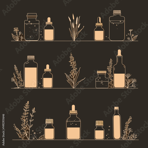 Aromatic Elixirs and Botanical Essence: An artistic illustration showcasing a collection of apothecary bottles and delicate floral elements.