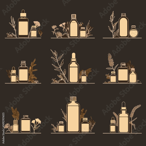 Aromatic Botanical Essence: Captivating artistic illustration featuring essential oil bottles, artfully arranged amidst botanical elements.
