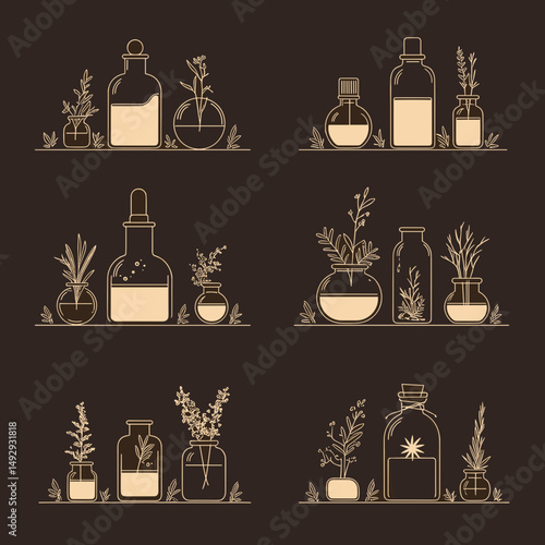 Botanical Potion Set: A collection of rustic bottles filled with fresh herbs, evoking a sense of natural remedy and vintage charm.