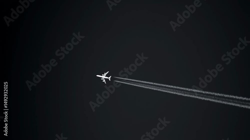 Passenger jet soaring through stormy sky, trailing vibrant white condensation stream against black background. Jet airplane flying high against dark sky,