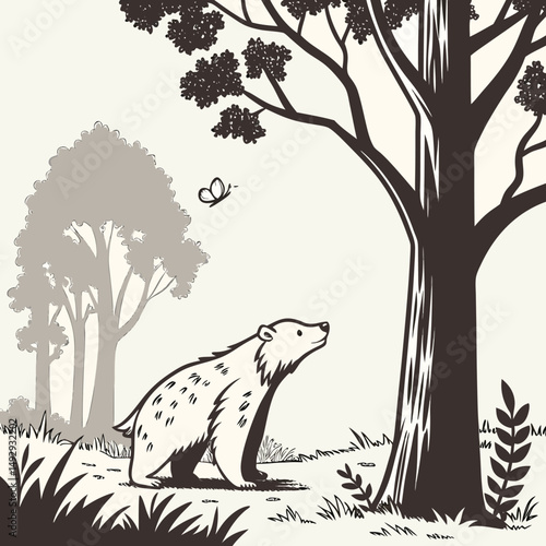 A curious bear gazes at a butterfly in a stylized forest scene