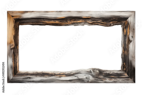 Weathered wooden frame with visible wood grain and knots against a black background rectangular shape on transparent background