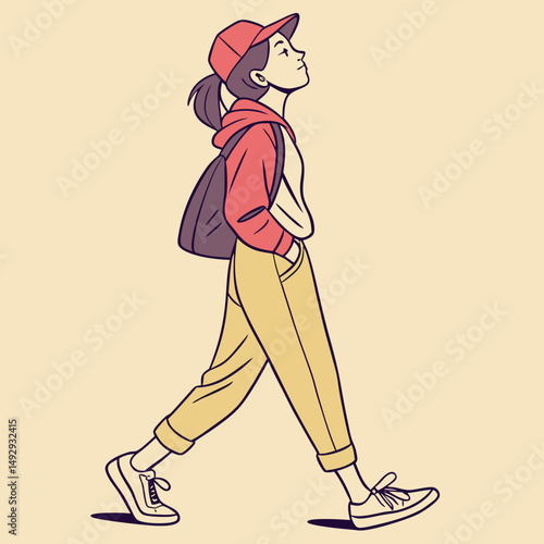A young woman with a backpack walks and looks up at the sky