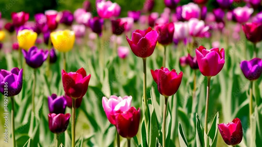 Abundant tulip flowerbed showcasing vibrant springtime blossoms, creating a colorful display in the garden against the green foliage. Abundant tulip flowerbed showcasing vibrant springtime blossoms, creating a colorful display in the garden against the green foliage.