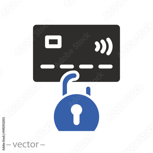 credit card with lock, secure payment icon, financial security, flat vector illustration