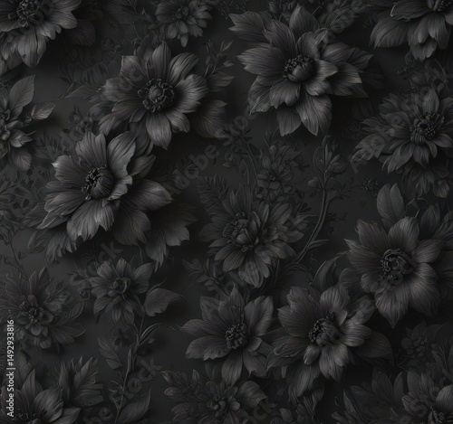 Intricate black charcoal floral wallpaper, textured elegance, damask, dramatic