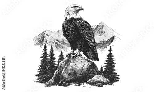 Hand-drawn Eagle in Rocky Mountains, Vintage Wildlife Art, Rustic Nature Decor, Black Sketch Print, Engraved Bird of Prey Illustration, Animal Decor, Rustic Rocky Mountain Art