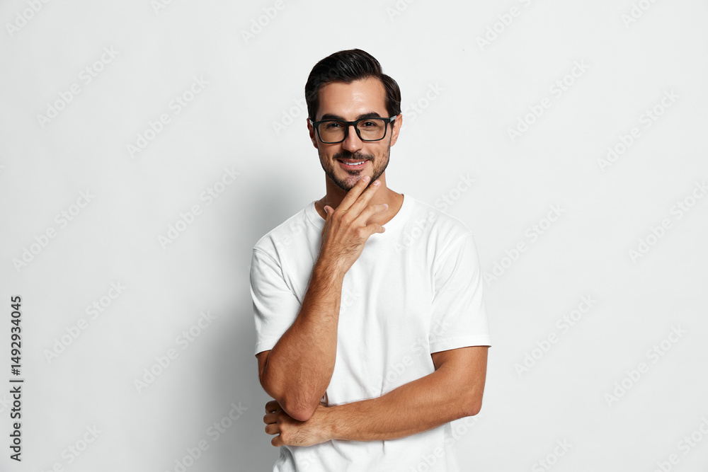 Fototapeta premium Handsome man in casual white t-shirt and glasses smiling confidently while looking at the camera with thoughtful expression isolated on plain light background.