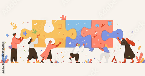 Building Blocks of Unity: A team collaborates to assemble a puzzle. Each piece fits to visualize teamwork and harmony in solving challenges.
