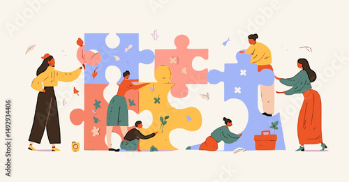 Teamwork Makes the Dream Work: A vibrant illustration depicting a diverse team collaborating to assemble a large jigsaw puzzle, symbolizing unity, problem-solving, and shared success.