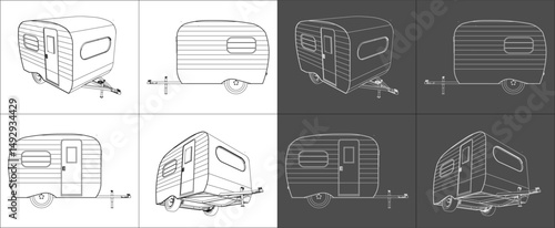 Set car Travel Recreational vehicle RV Trailer technical line drawing blueprint wireframe concept isolated on transparent background