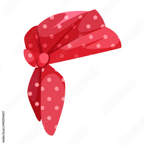 Red polka dot headscarf tied in a bow, cartoon style, isolated on white background. Concept of fashion accessory or vintage style. Vector illustration