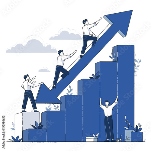 Ascending to Success: Dynamic individuals collaboratively climb and support an upward-trending arrow representing growth and business progress.