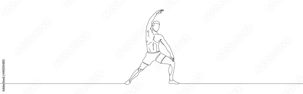 Fototapeta premium Man make stretching exercise continuous one line drawing. Hand drawn fitness concept.