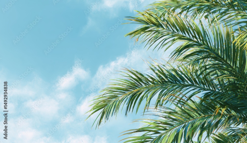 Palm tree leaves against blue sky clouds Palm tree leaves against blue sky clouds