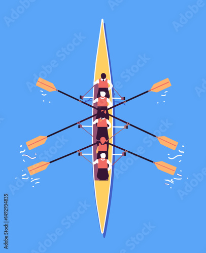 Team Rowing Boat: A stylized illustration depicts a team rowing boat, showcasing synchronization and teamwork in a vibrant, aerial view.