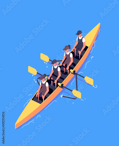 Team Rowing in Isometric View: A team of four rowers in a bright yellow boat, gliding seamlessly over the calm, azure waters. Capturing the spirit of teamwork and athletic prowess.
