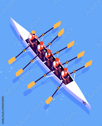 Rowing Team in Action: An isometric view of a rowing team in a sleek boat, smoothly navigating the serene water, symbolizing teamwork, coordination, and athletic prowess.