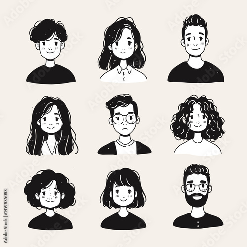 Diverse Doodle Delight: An array of diverse, hand-drawn faces in a charming doodle style, perfect for conveying a sense of community, individuality, and creative expression.