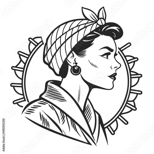 Elegant Woman in Headscarf with Decorative Halo in Retro Style Illustration
