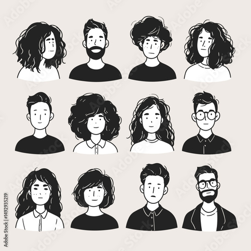 Portraits of Diverse Individuals: A collection of illustrated portraits showcasing the unique appearance of various people in a minimalist artistic style, perfect for representing diversity.