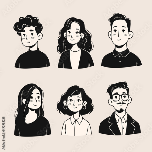 Friendly Portraits: A collection of six distinct, monochrome portraits of diverse individuals. Each illustration captures a unique personality, evoking a sense of modern design and approachability.