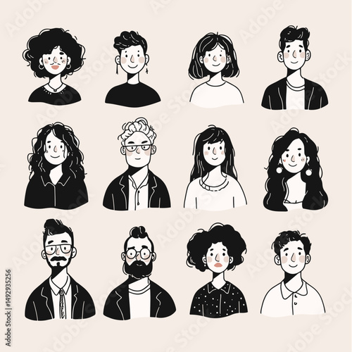 Diverse People Icons: Collection of twelve unique hand-drawn vector illustrations of diverse people's faces, showcasing various hairstyles, facial features, and expressions. Ideal for branding.
