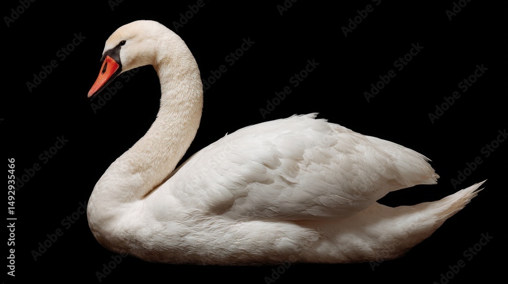 Fototapeta premium Elegant mute swan portrait against black backdrop, graceful curve of neck, side view, studio shot, serene beauty