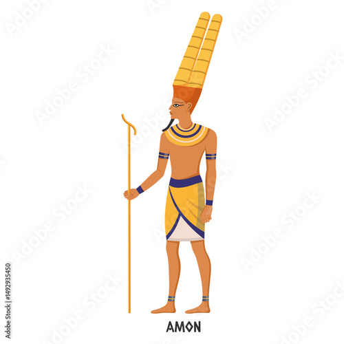 Depiction of Egyptian god Amon wearing tall crown and holding staff in traditional costume, flat style on white background. Concept of mythology. Vector illustration