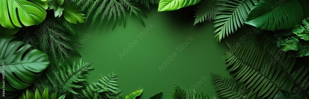 Fototapeta premium Vivid and lush green foliage frames a solid background, creating a vibrant and serene atmosphere, perfect for nature-themed projects or designs.