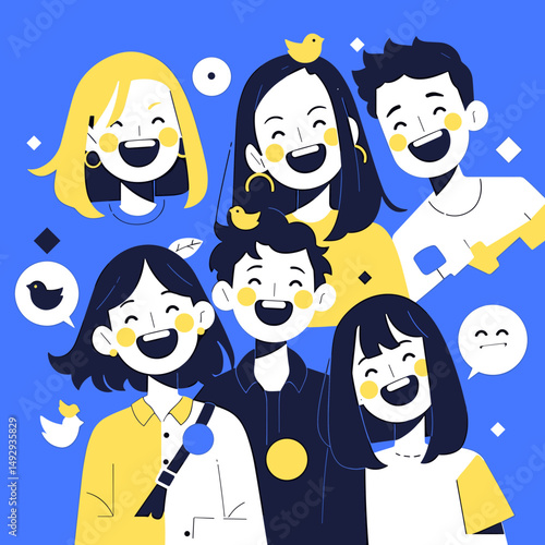 Harmony of Friendship: A group of cheerful individuals radiates pure joy and the special bond of friendship, adorned with little cheerful birds.